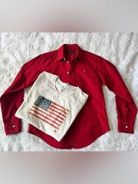 Independence Day 🇺🇸 Polo Ralph Lauren Combo: Red Shirt + USA flag T-Shirt Size M